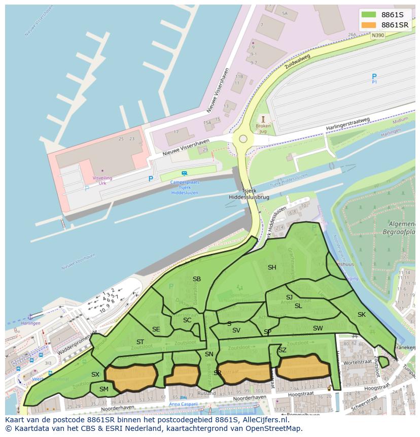 Afbeelding van het postcodegebied 8861 SR op de kaart.