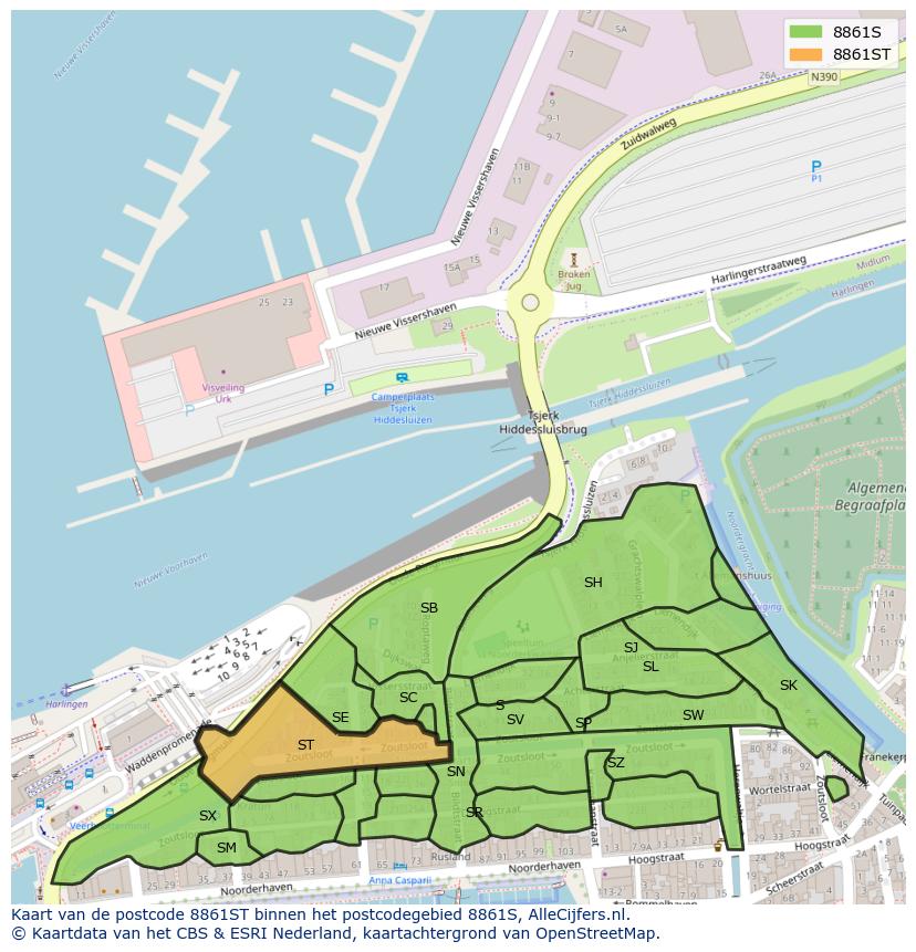 Afbeelding van het postcodegebied 8861 ST op de kaart.