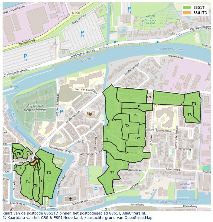 Afbeelding van het postcodegebied 8861 TD op de kaart.