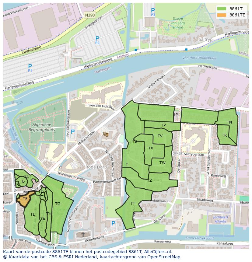 Afbeelding van het postcodegebied 8861 TE op de kaart.