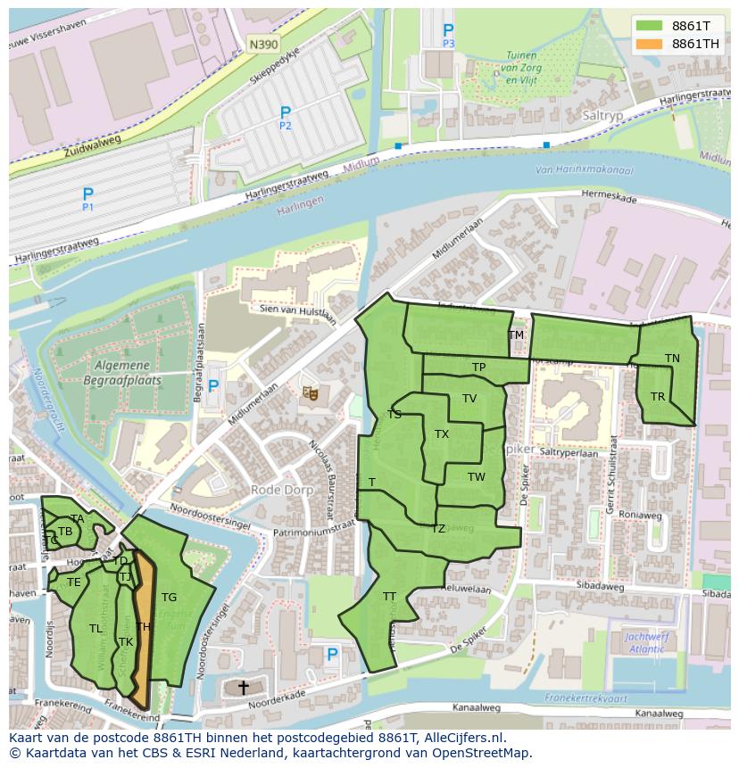 Afbeelding van het postcodegebied 8861 TH op de kaart.