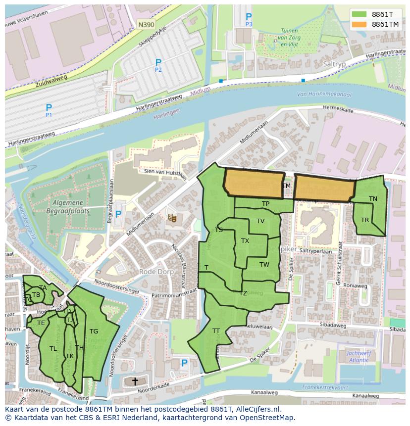 Afbeelding van het postcodegebied 8861 TM op de kaart.