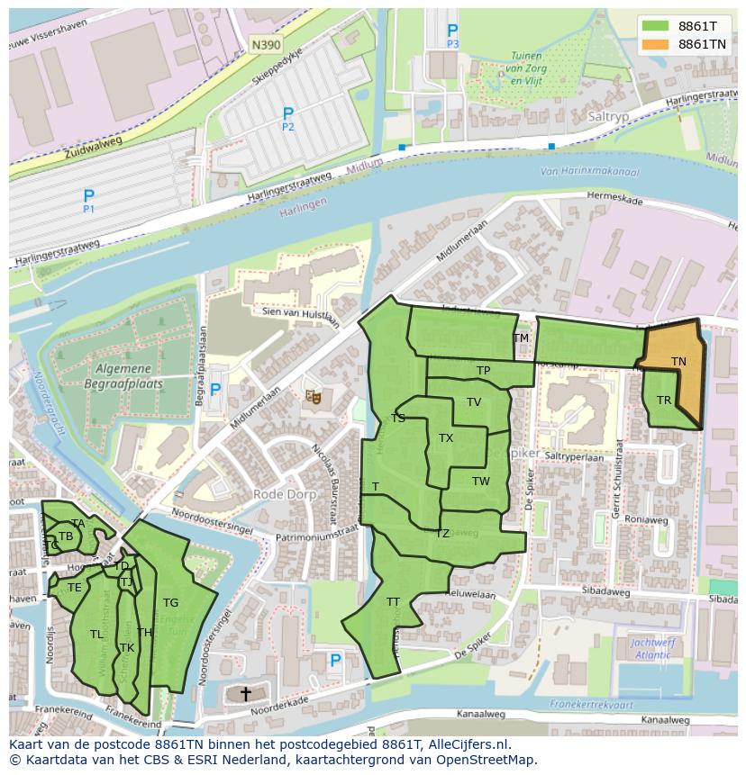 Afbeelding van het postcodegebied 8861 TN op de kaart.