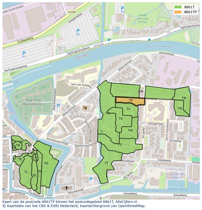 Afbeelding van het postcodegebied 8861 TP op de kaart.