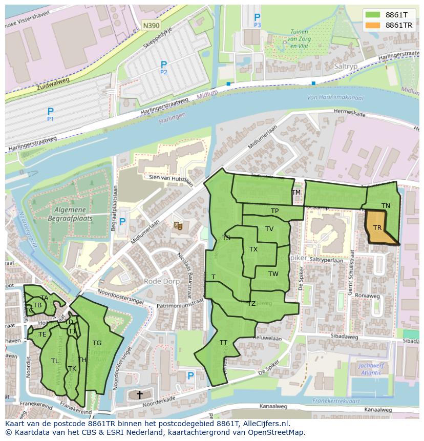 Afbeelding van het postcodegebied 8861 TR op de kaart.