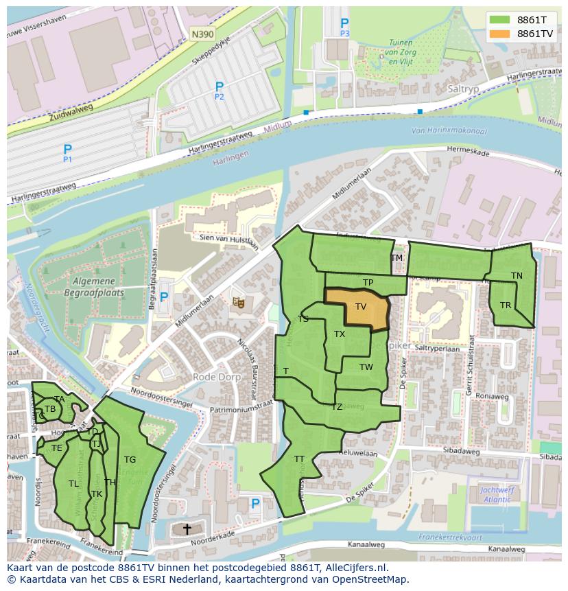 Afbeelding van het postcodegebied 8861 TV op de kaart.