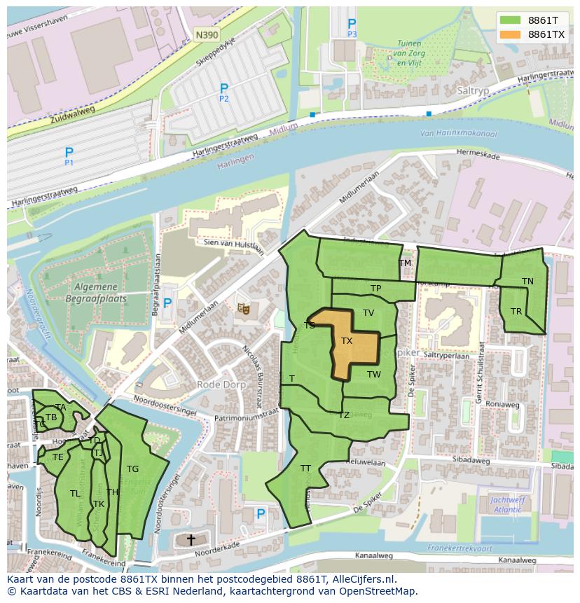 Afbeelding van het postcodegebied 8861 TX op de kaart.