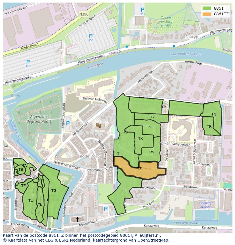 Afbeelding van het postcodegebied 8861 TZ op de kaart.