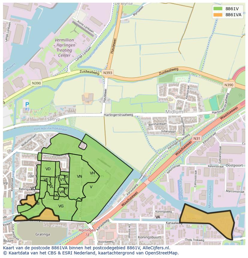 Afbeelding van het postcodegebied 8861 VA op de kaart.