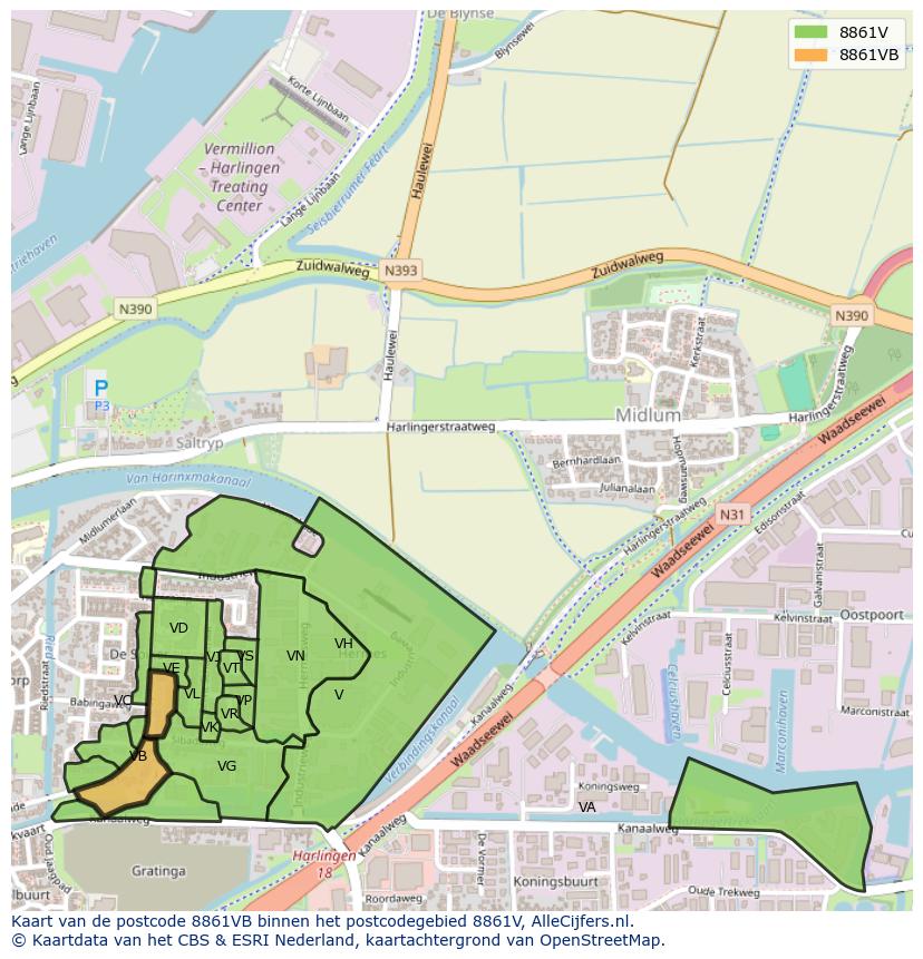 Afbeelding van het postcodegebied 8861 VB op de kaart.