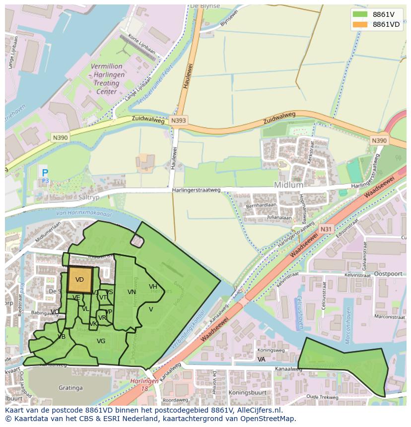 Afbeelding van het postcodegebied 8861 VD op de kaart.