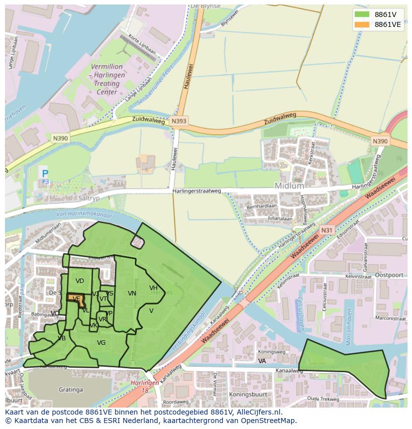 Afbeelding van het postcodegebied 8861 VE op de kaart.