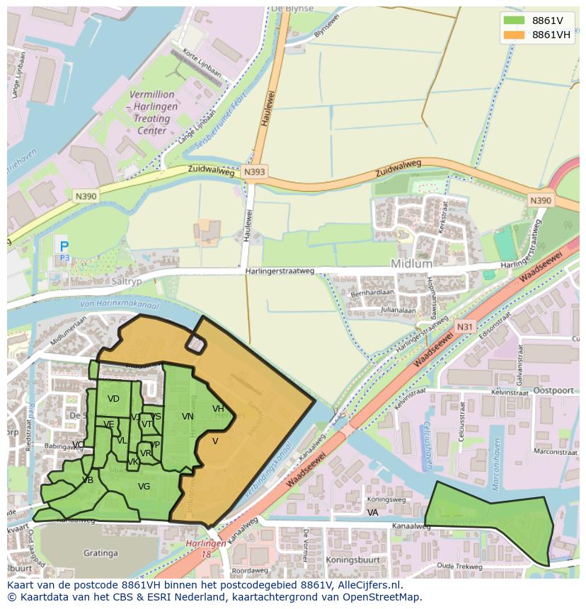 Afbeelding van het postcodegebied 8861 VH op de kaart.