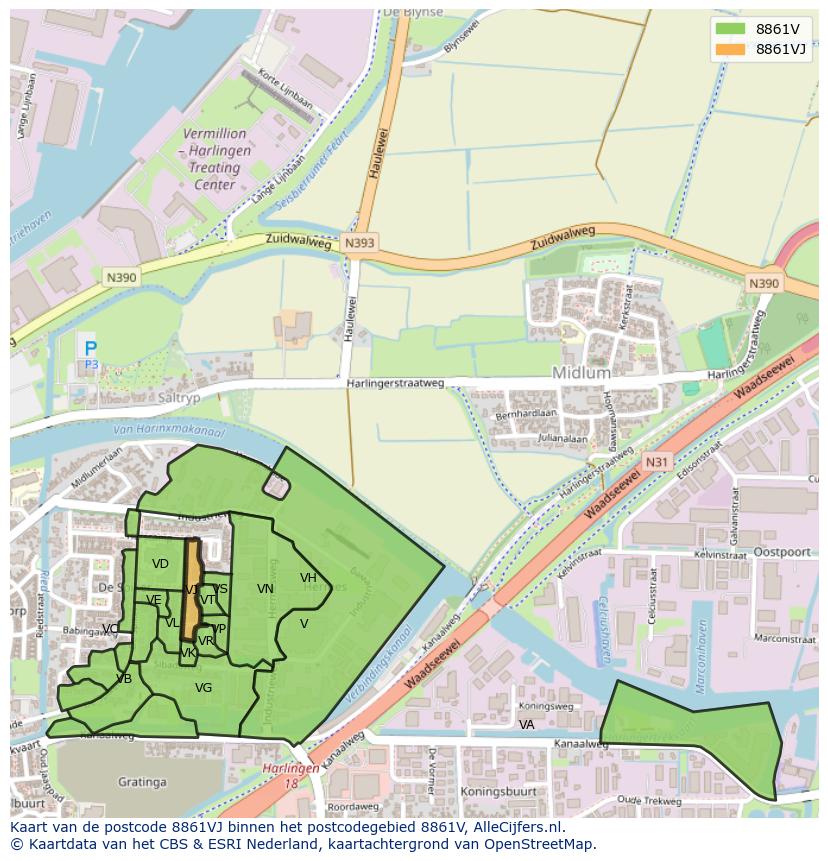 Afbeelding van het postcodegebied 8861 VJ op de kaart.