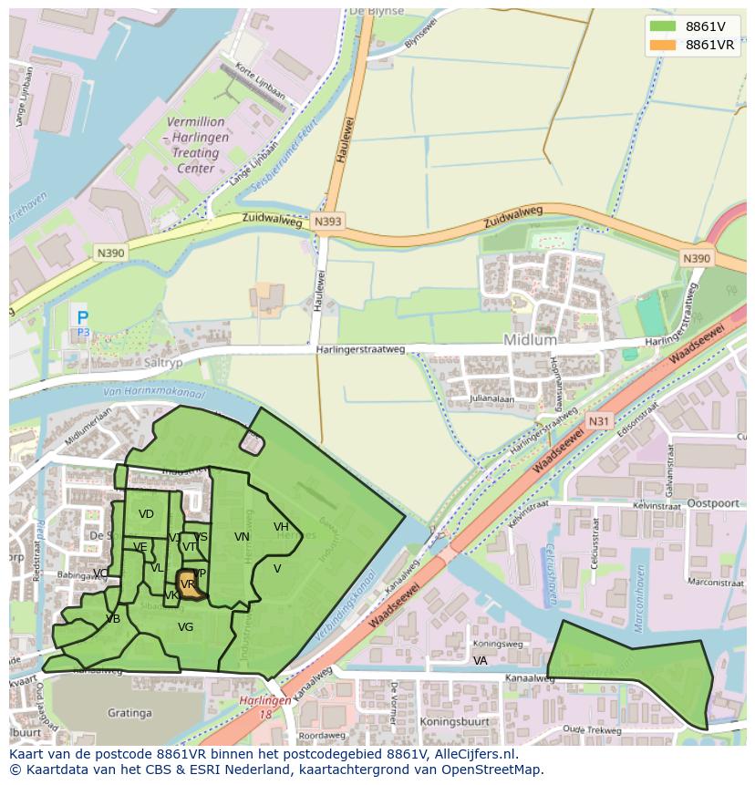 Afbeelding van het postcodegebied 8861 VR op de kaart.