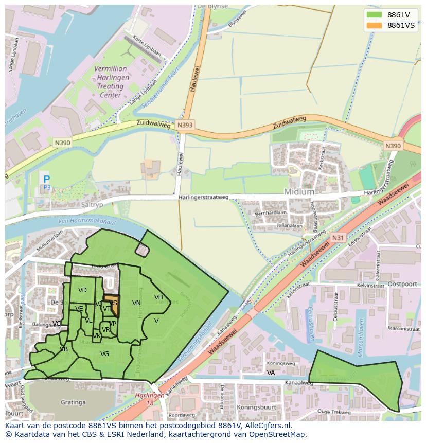 Afbeelding van het postcodegebied 8861 VS op de kaart.