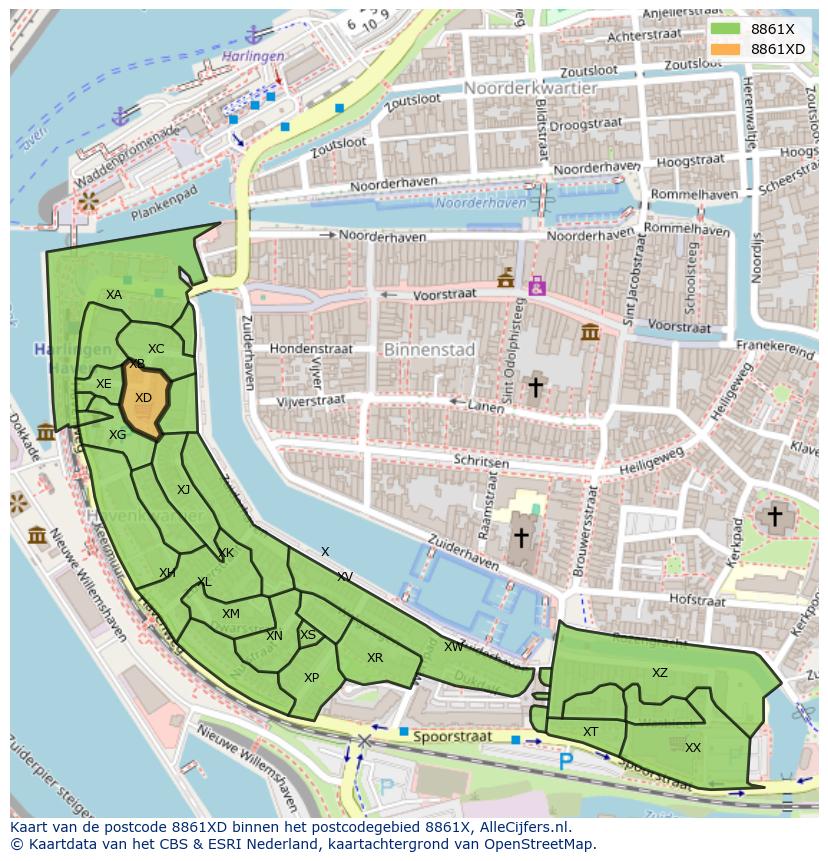 Afbeelding van het postcodegebied 8861 XD op de kaart.
