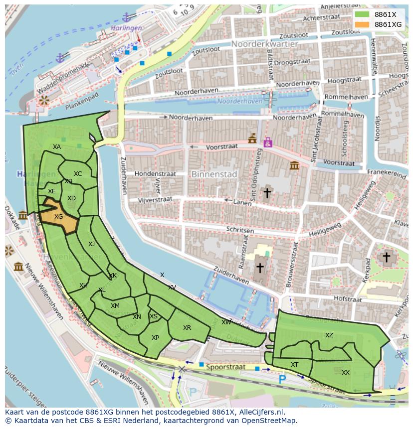Afbeelding van het postcodegebied 8861 XG op de kaart.