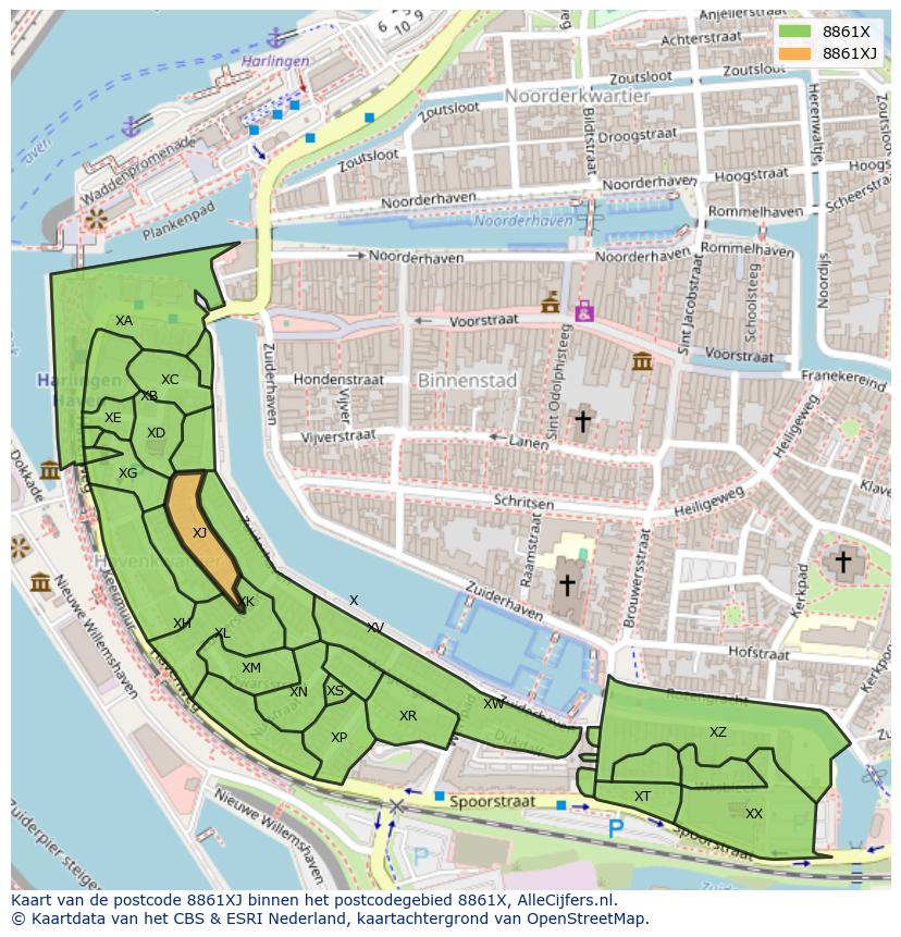 Afbeelding van het postcodegebied 8861 XJ op de kaart.