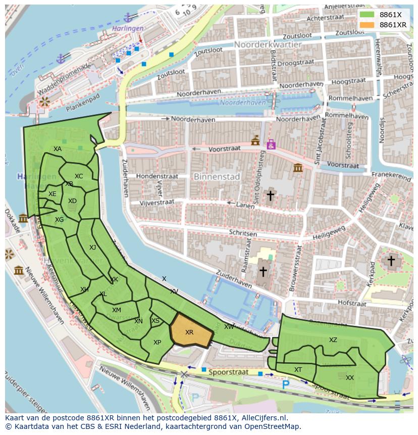 Afbeelding van het postcodegebied 8861 XR op de kaart.