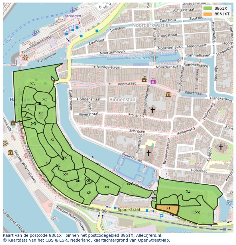Afbeelding van het postcodegebied 8861 XT op de kaart.