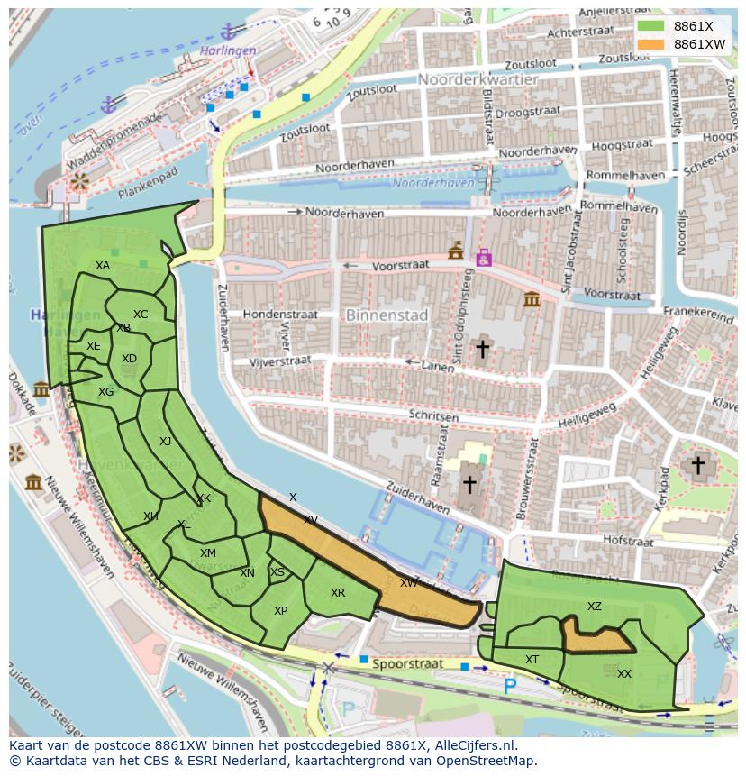 Afbeelding van het postcodegebied 8861 XW op de kaart.
