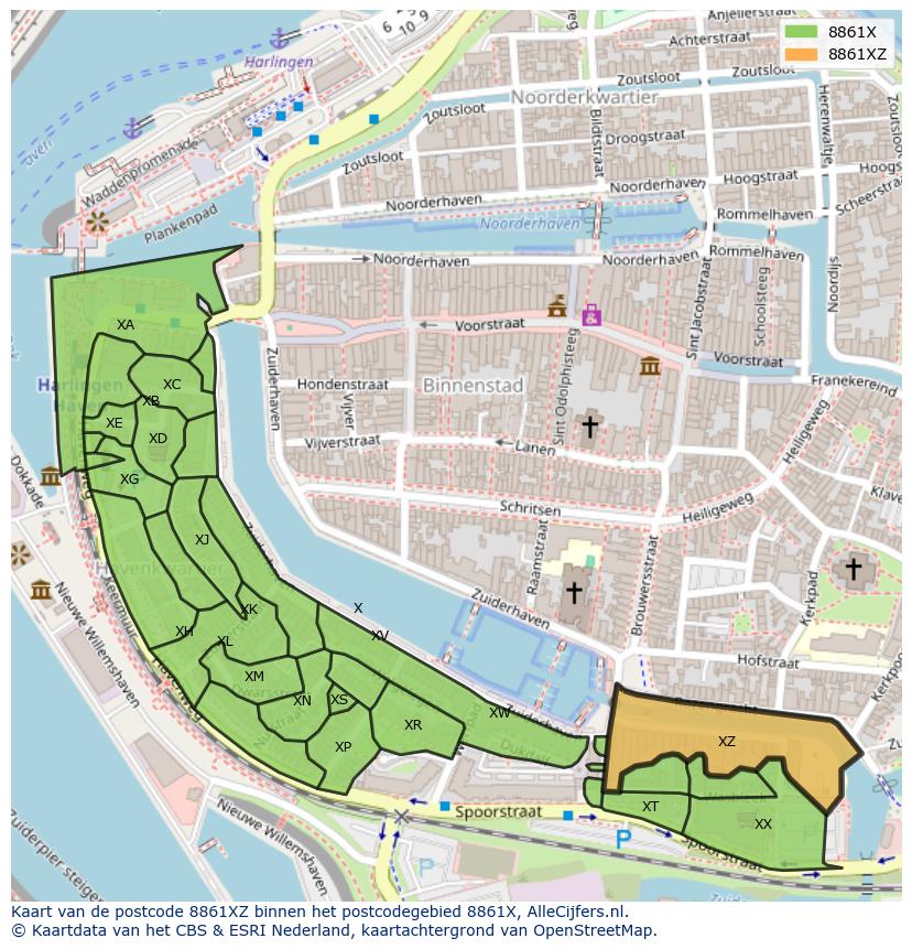 Afbeelding van het postcodegebied 8861 XZ op de kaart.