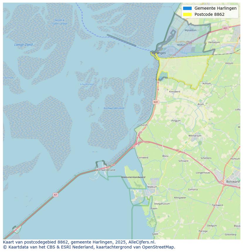 Afbeelding van het postcodegebied 8862 op de kaart.