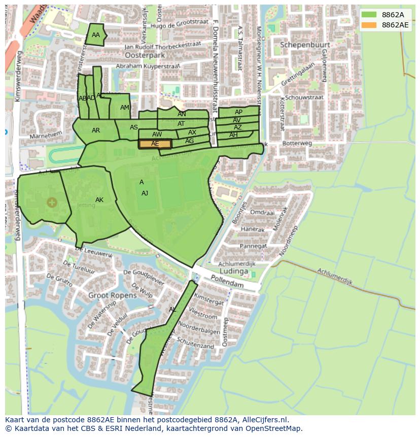Afbeelding van het postcodegebied 8862 AE op de kaart.