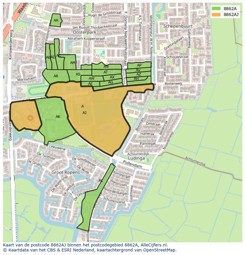Afbeelding van het postcodegebied 8862 AJ op de kaart.