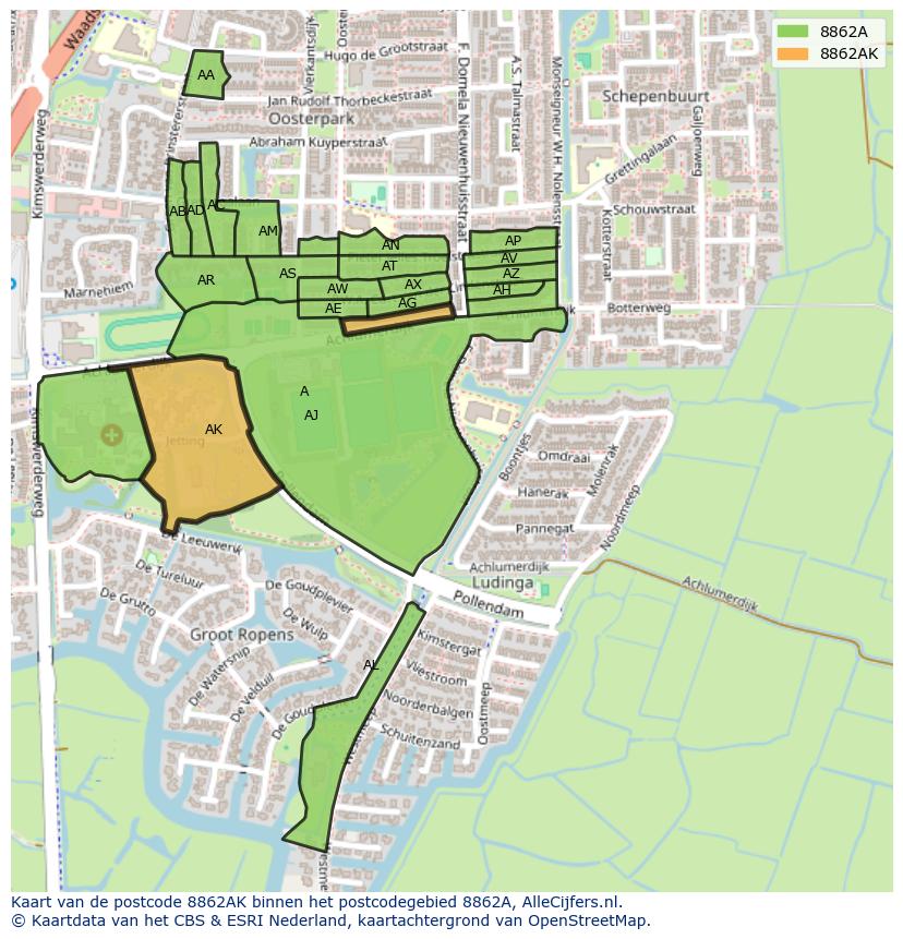 Afbeelding van het postcodegebied 8862 AK op de kaart.