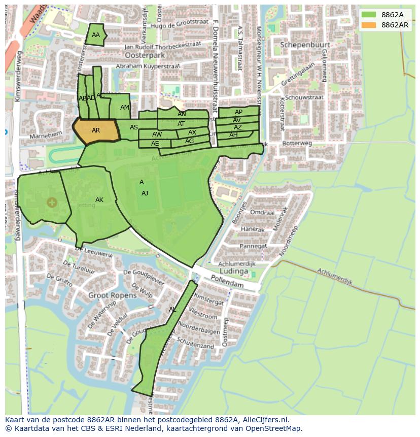 Afbeelding van het postcodegebied 8862 AR op de kaart.