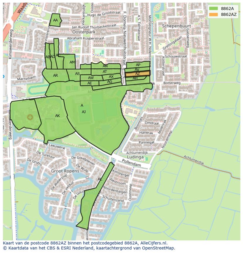 Afbeelding van het postcodegebied 8862 AZ op de kaart.