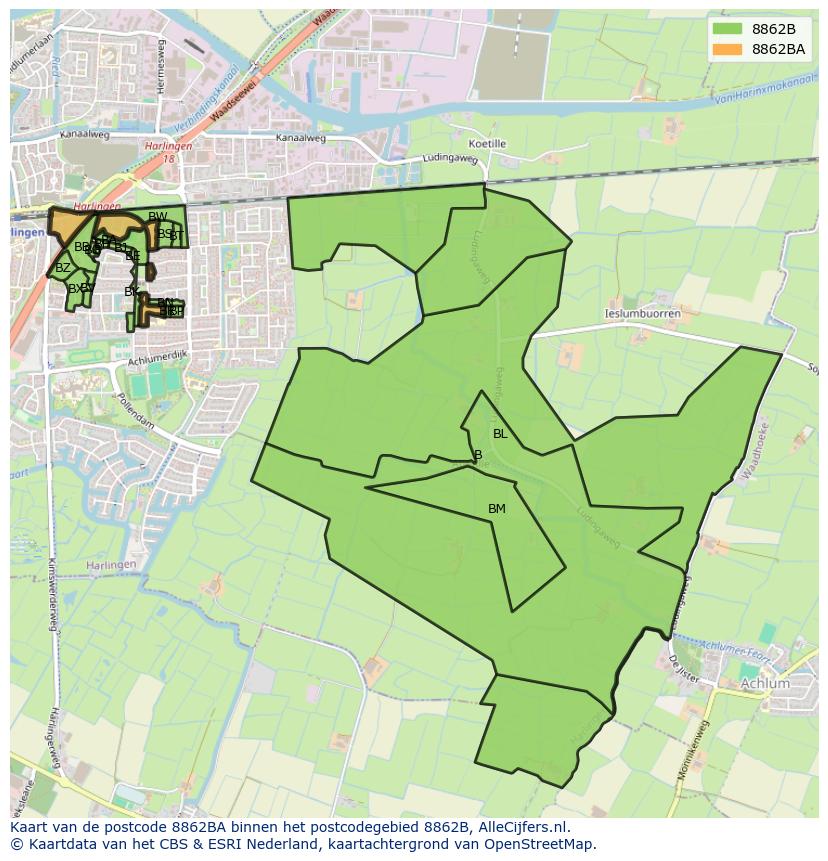Afbeelding van het postcodegebied 8862 BA op de kaart.