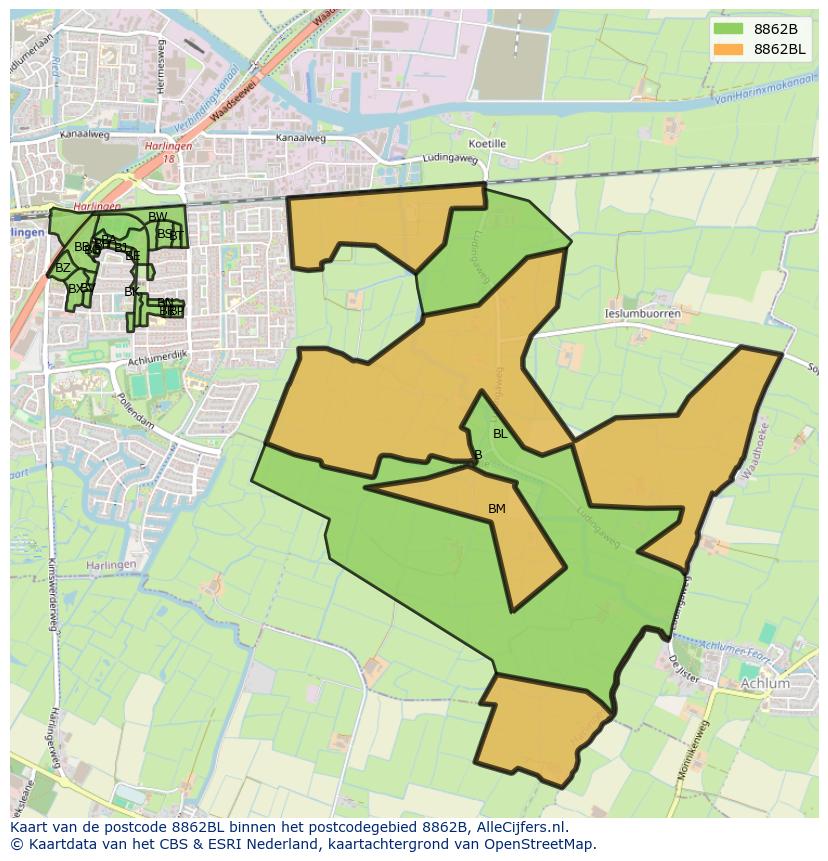Afbeelding van het postcodegebied 8862 BL op de kaart.
