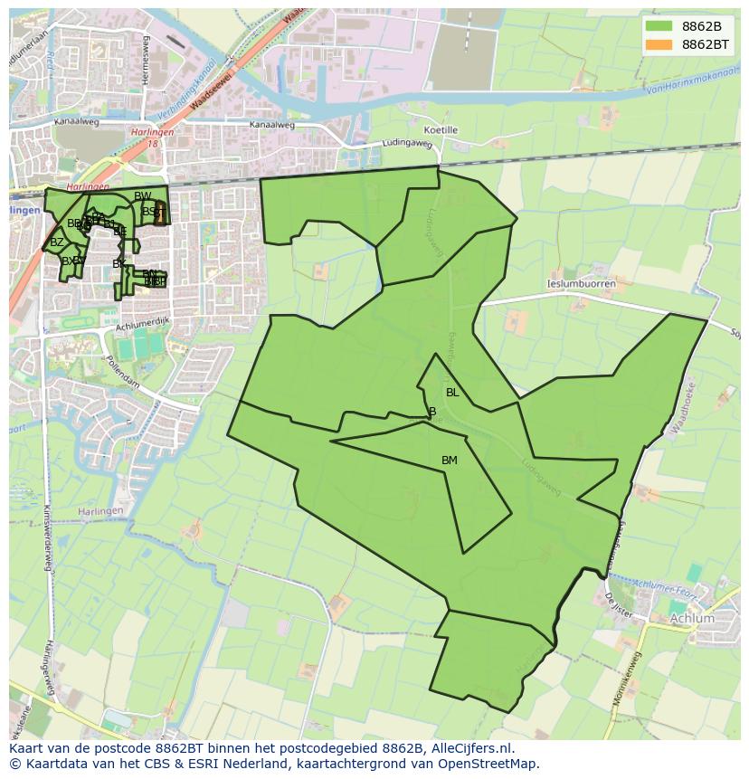 Afbeelding van het postcodegebied 8862 BT op de kaart.