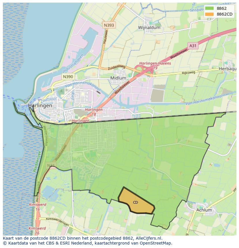 Afbeelding van het postcodegebied 8862 CD op de kaart.