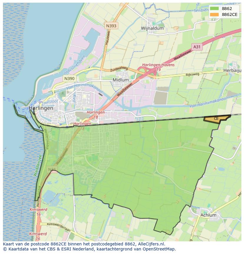 Afbeelding van het postcodegebied 8862 CE op de kaart.