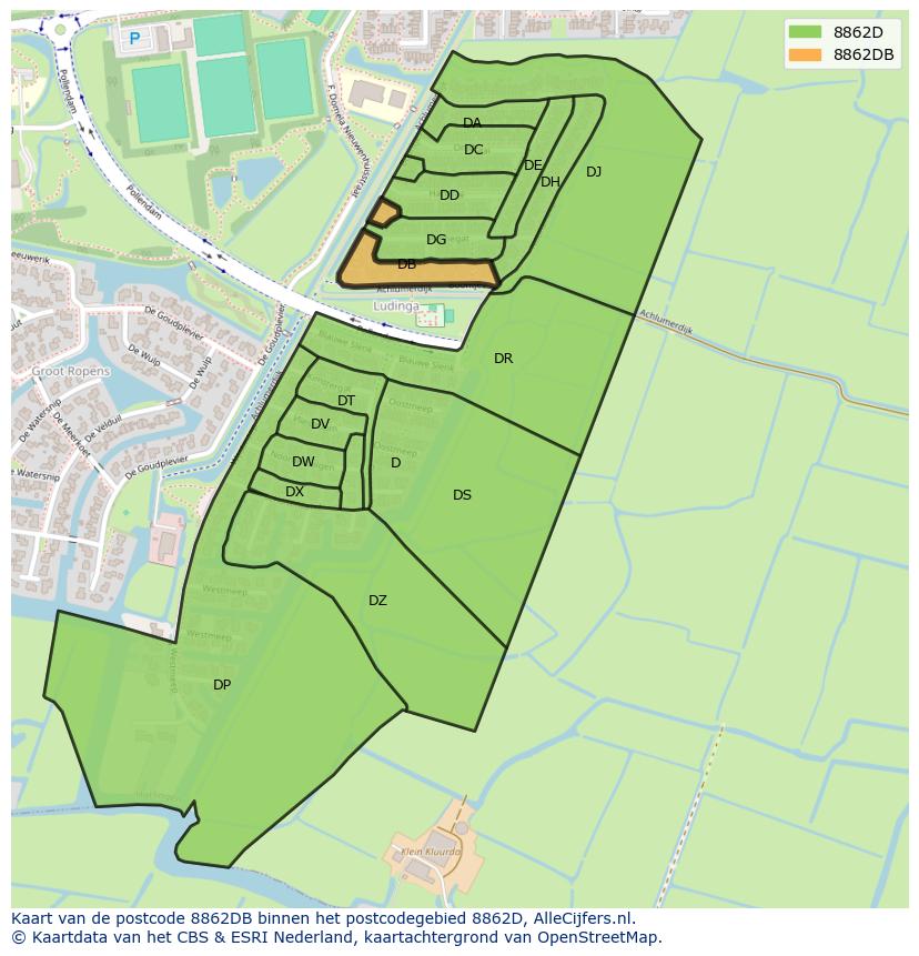 Afbeelding van het postcodegebied 8862 DB op de kaart.
