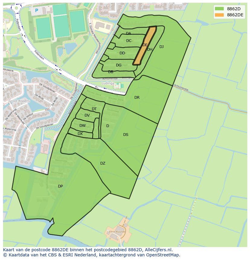 Afbeelding van het postcodegebied 8862 DE op de kaart.