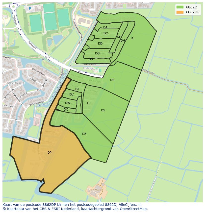 Afbeelding van het postcodegebied 8862 DP op de kaart.
