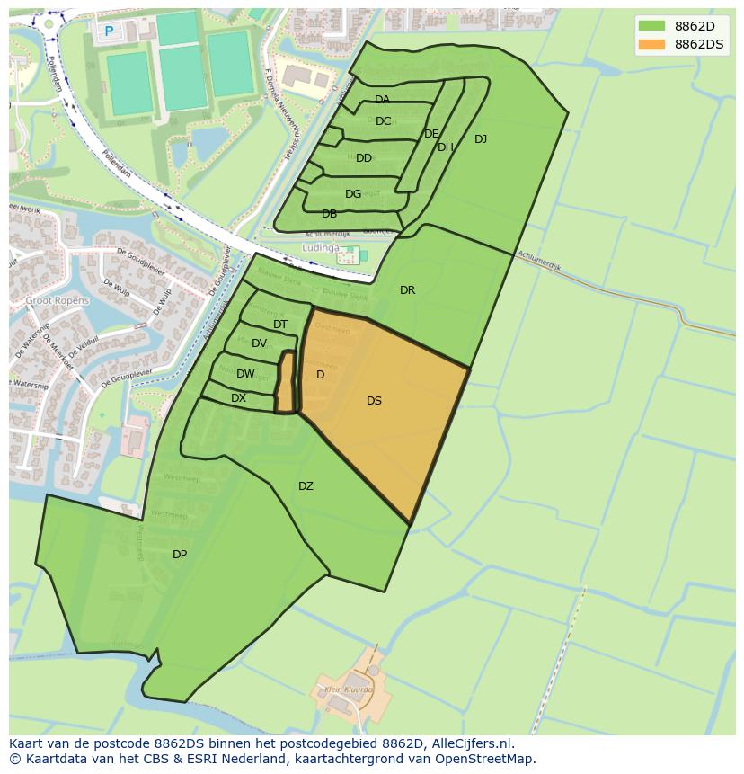 Afbeelding van het postcodegebied 8862 DS op de kaart.
