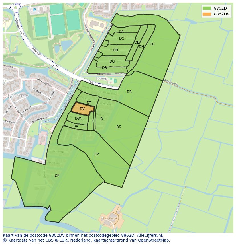 Afbeelding van het postcodegebied 8862 DV op de kaart.