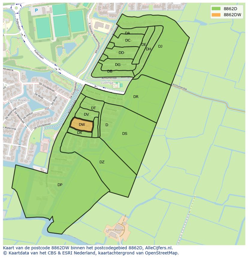 Afbeelding van het postcodegebied 8862 DW op de kaart.