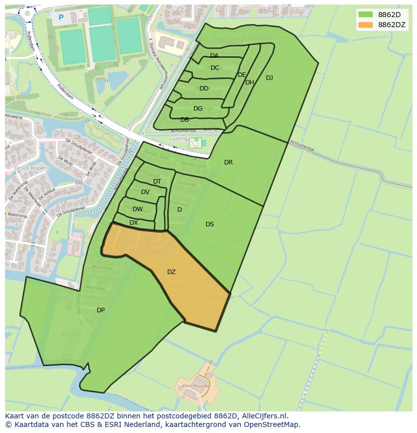 Afbeelding van het postcodegebied 8862 DZ op de kaart.