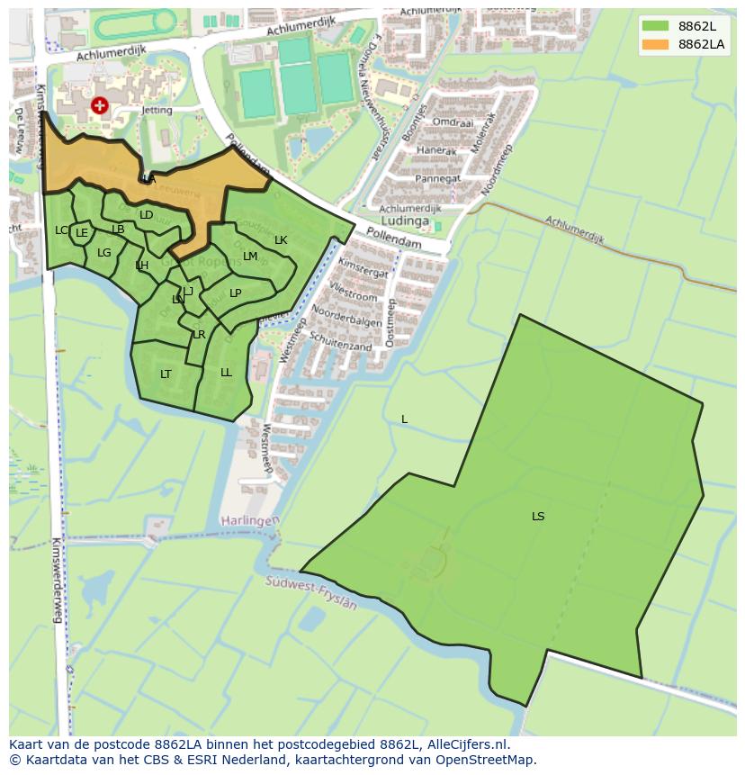 Afbeelding van het postcodegebied 8862 LA op de kaart.