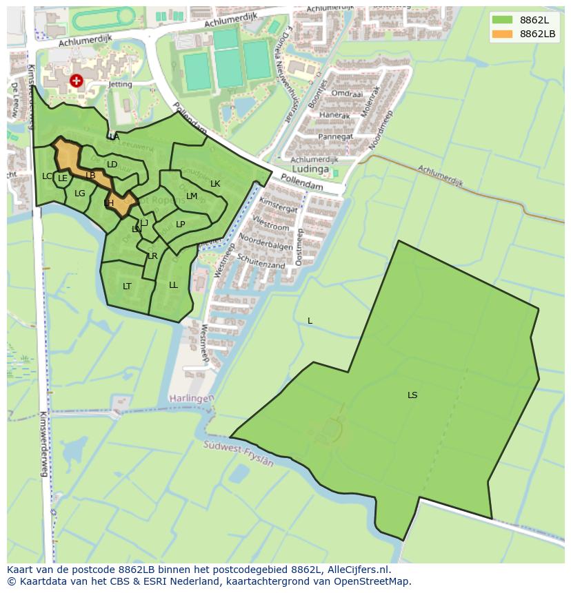 Afbeelding van het postcodegebied 8862 LB op de kaart.