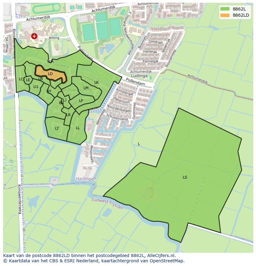 Afbeelding van het postcodegebied 8862 LD op de kaart.