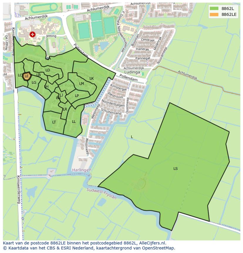 Afbeelding van het postcodegebied 8862 LE op de kaart.