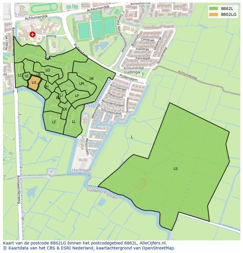 Afbeelding van het postcodegebied 8862 LG op de kaart.
